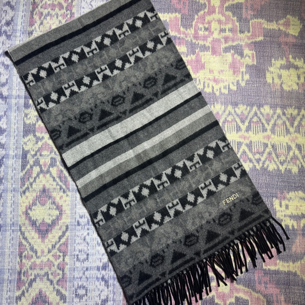 Fendi Black Gray Geometric Fringe Trim 100% Acrylic Scarf